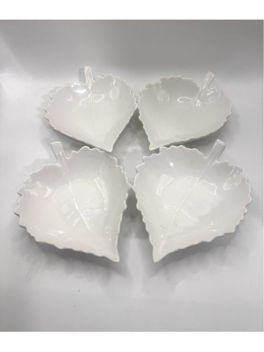Set of (4) Porcleain Leaf Bowls White Butter Pat Sauce Nuts Trinket Dish